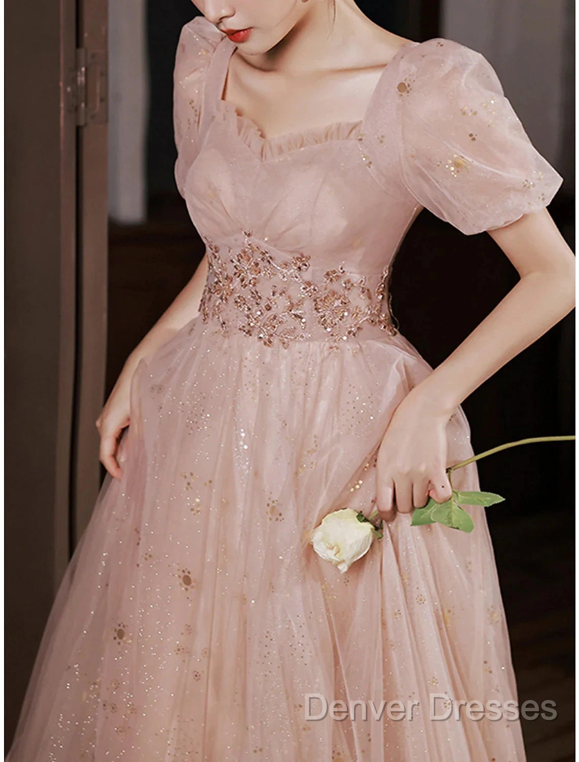 A-Line Prom Dress Elegant Dress Engagement Prom Floor Length Half Sleeve Square Neck Satin With Appliques