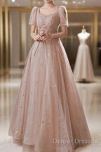 A-Line Prom Dress Elegant Dress Engagement Prom Floor Length Half Sleeve Square Neck Satin With Appliques