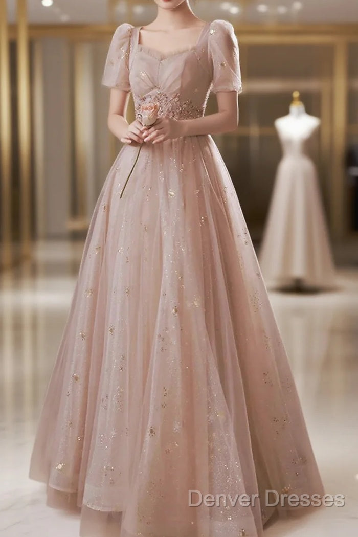 A-Line Prom Dress Elegant Dress Engagement Prom Floor Length Half Sleeve Square Neck Satin With Appliques