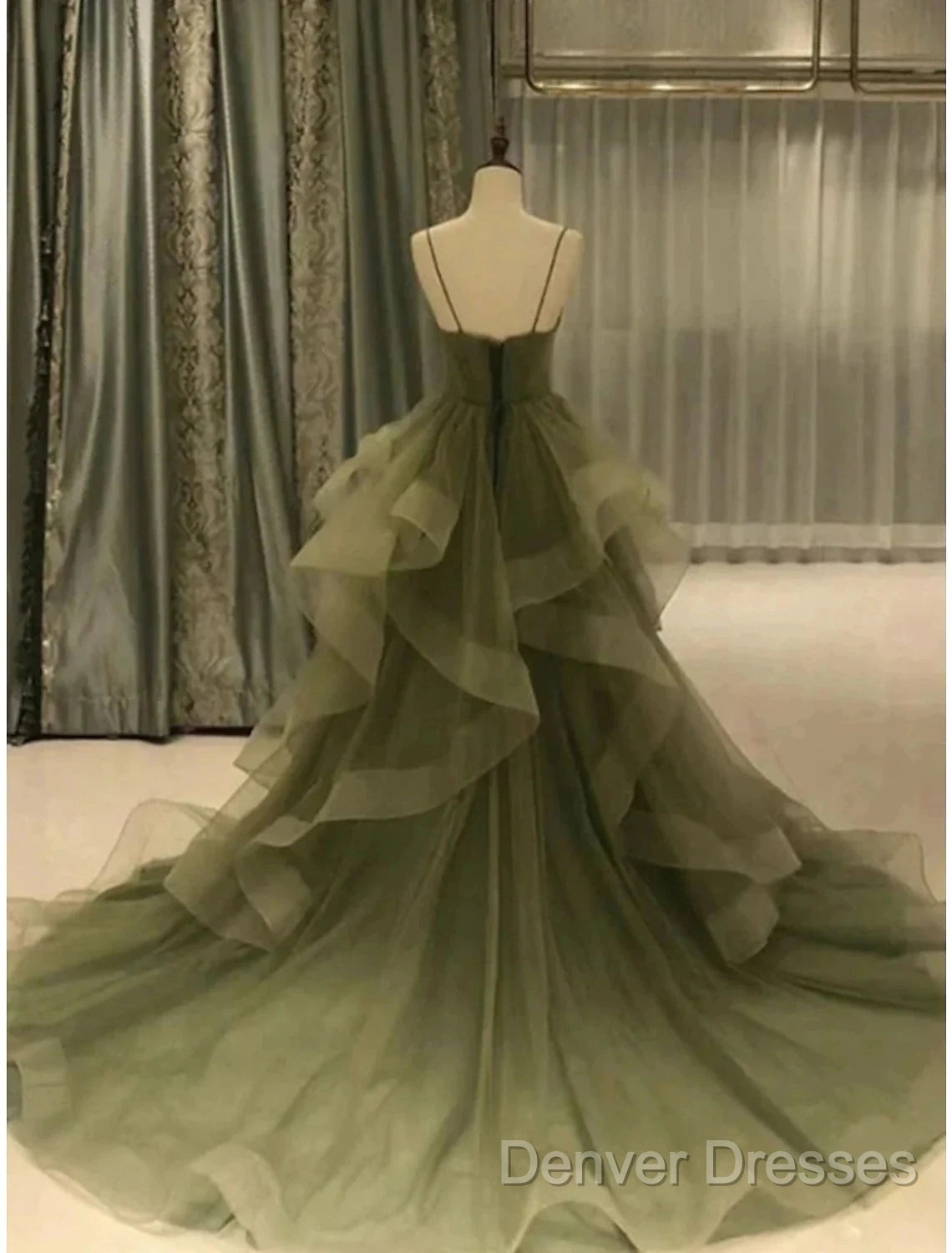 A-Line Prom Dress Elegant Dress Formal Court Train Christmas Red Green Dress Sleeveless Spaghetti Strap Tulle With Pleats Ruffles Secondary image
