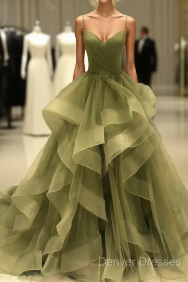 A-Line Prom Dress Elegant Dress Formal Court Train Christmas Red Green Dress Sleeveless Spaghetti Strap Tulle With Pleats Ruffles Main image