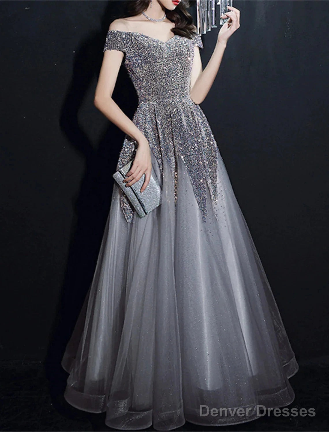 A-Line Prom Dresses Elegant Dress Formal Floor Length Short Sleeve Off Shoulder Polyester With Sequin