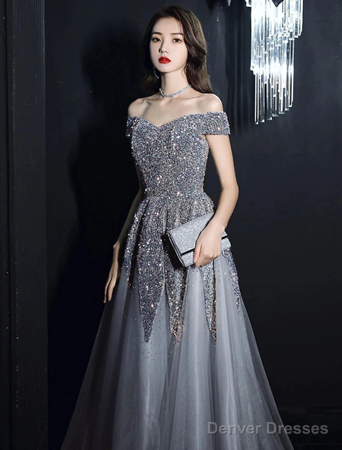 A-Line Prom Dresses Elegant Dress Formal Floor Length Short Sleeve Off Shoulder Polyester With Sequin Main image