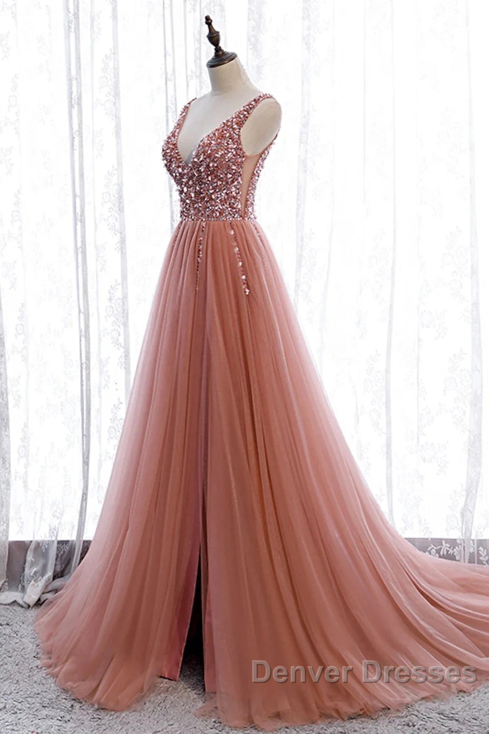 A-Line Prom Dress Elegant Dress Party Wear Court Train Sleeveless V Neck Polyester With Pearls Embroidery