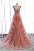 A-Line Prom Dress Elegant Dress Party Wear Court Train Sleeveless V Neck Polyester With Pearls Embroidery