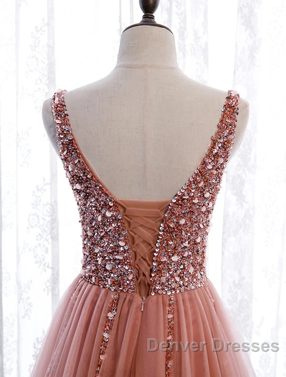 A-Line Prom Dress Elegant Dress Party Wear Court Train Sleeveless V Neck Polyester With Pearls Embroidery