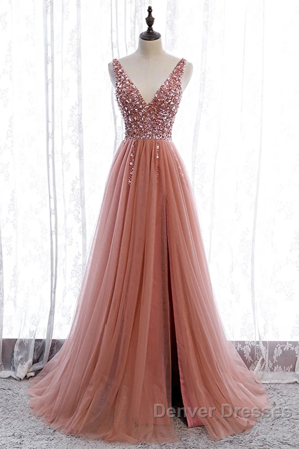 A-Line Prom Dress Elegant Dress Party Wear Court Train Sleeveless V Neck Polyester With Pearls Embroidery