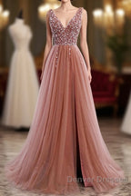 A-Line Prom Dress Elegant Dress Party Wear Court Train Sleeveless V Neck Polyester With Pearls Embroidery
