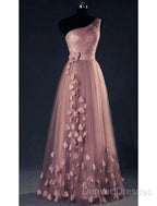 A-Line Prom Dress Elegant Dress Wedding Floor Length Sleeveless One Shoulder Tulle With Appliques