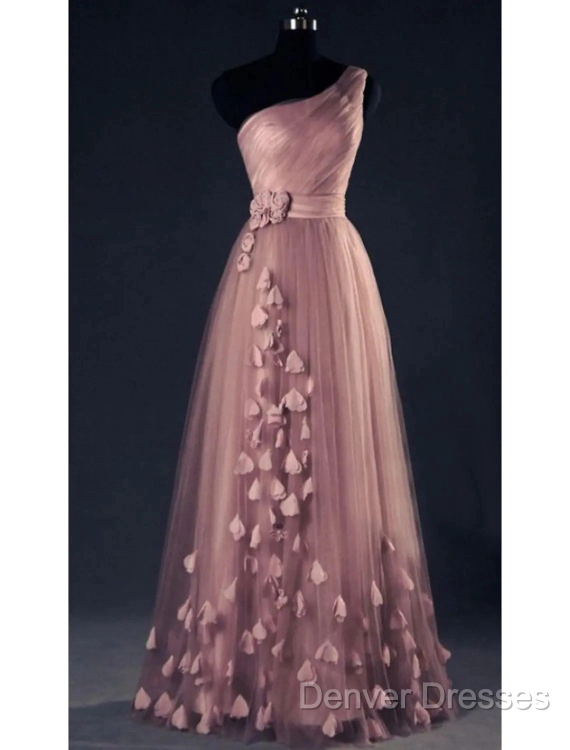 A-Line Prom Dress Elegant Dress Wedding Floor Length Sleeveless One Shoulder Tulle With Appliques