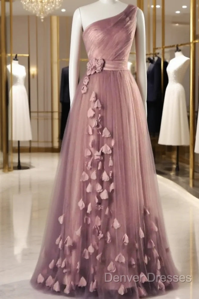 A-Line Prom Dress Elegant Dress Wedding Floor Length Sleeveless One Shoulder Tulle With Appliques