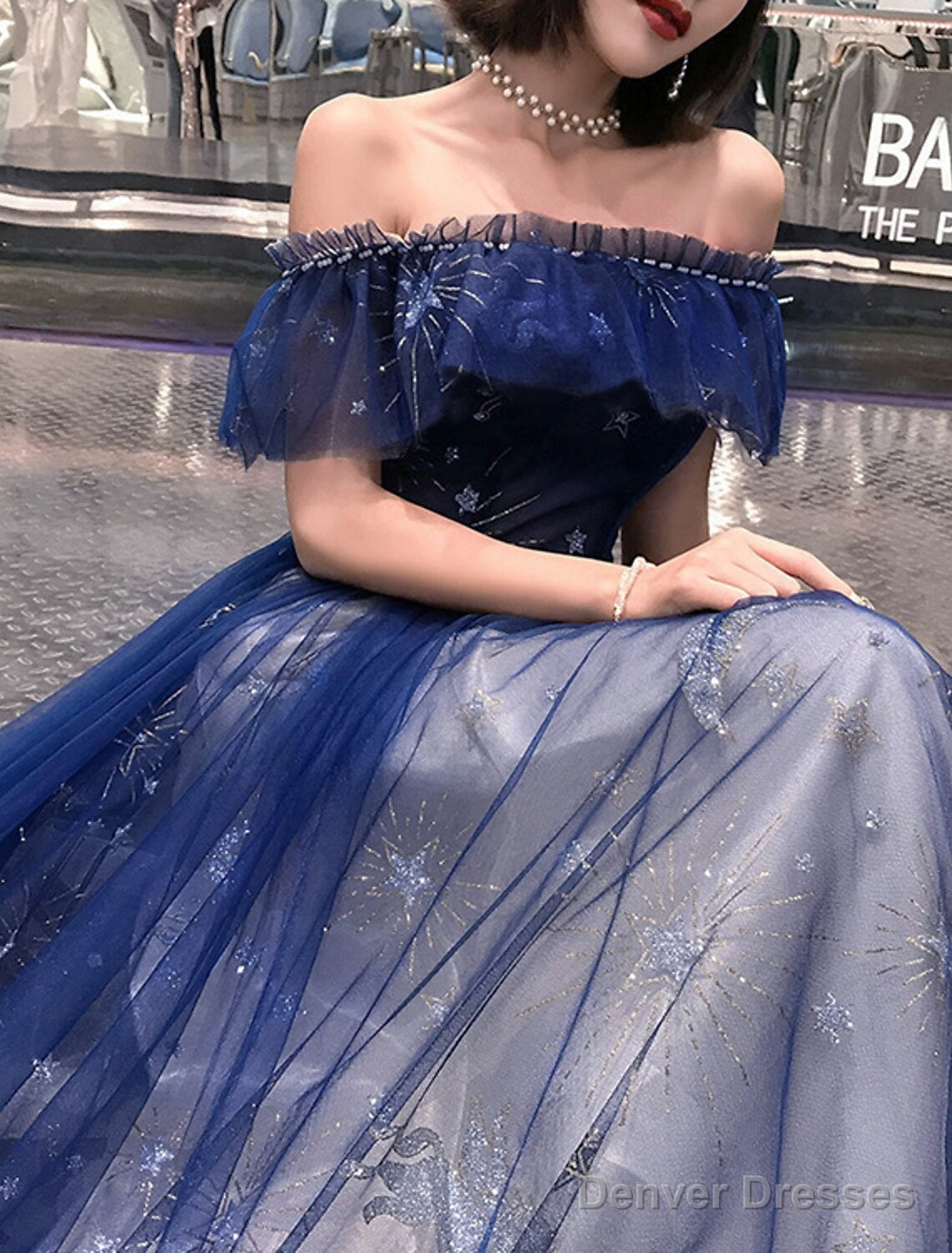 A-Line Prom Dresses Elegant Dress Wedding Guest Party Wear Floor Length Short Sleeve Off Shoulder Tulle With Embroidery Tiered Dress To Impress