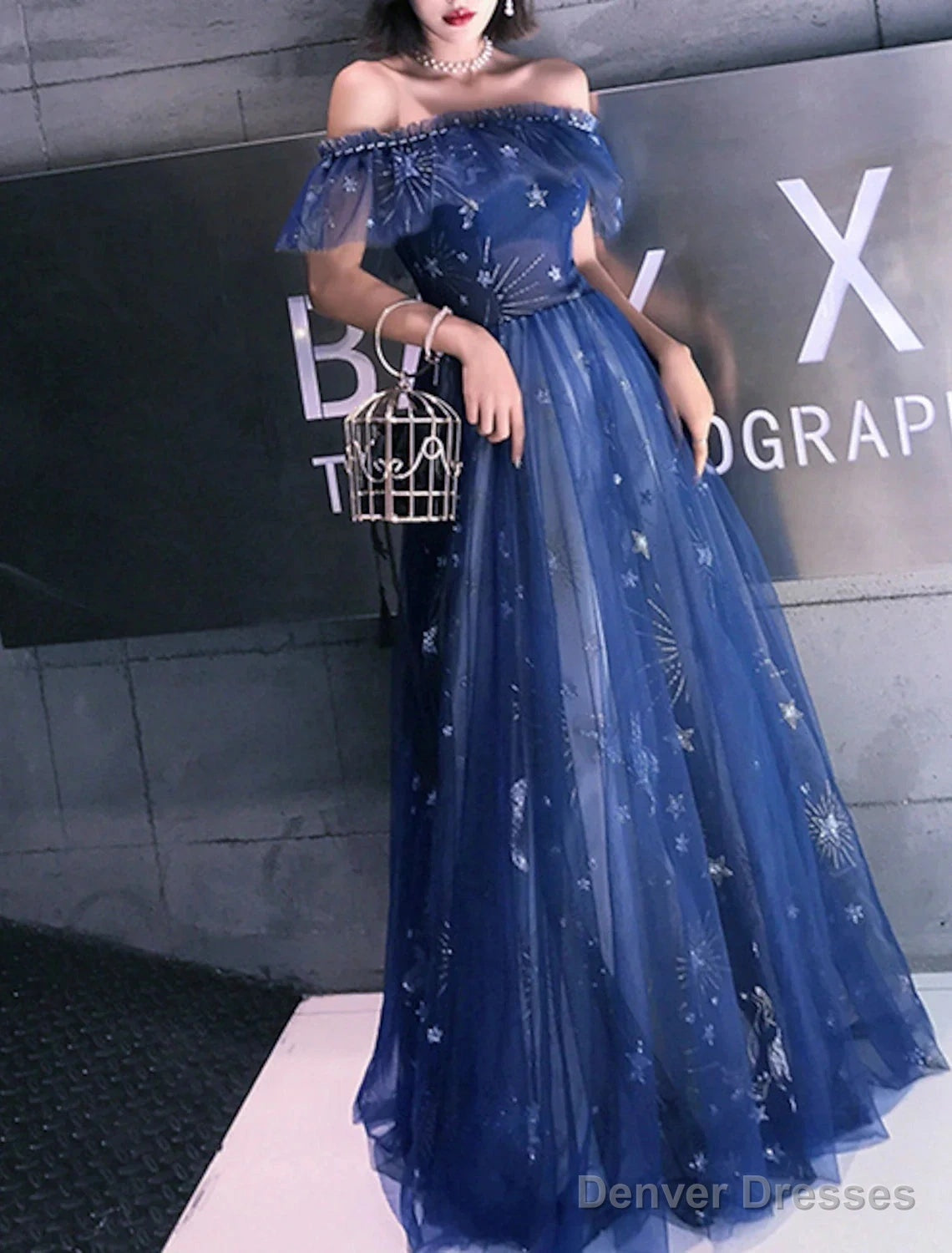 A-Line Prom Dresses Elegant Dress Wedding Guest Party Wear Floor Length Short Sleeve Off Shoulder Tulle With Embroidery Tiered Dress To Impress