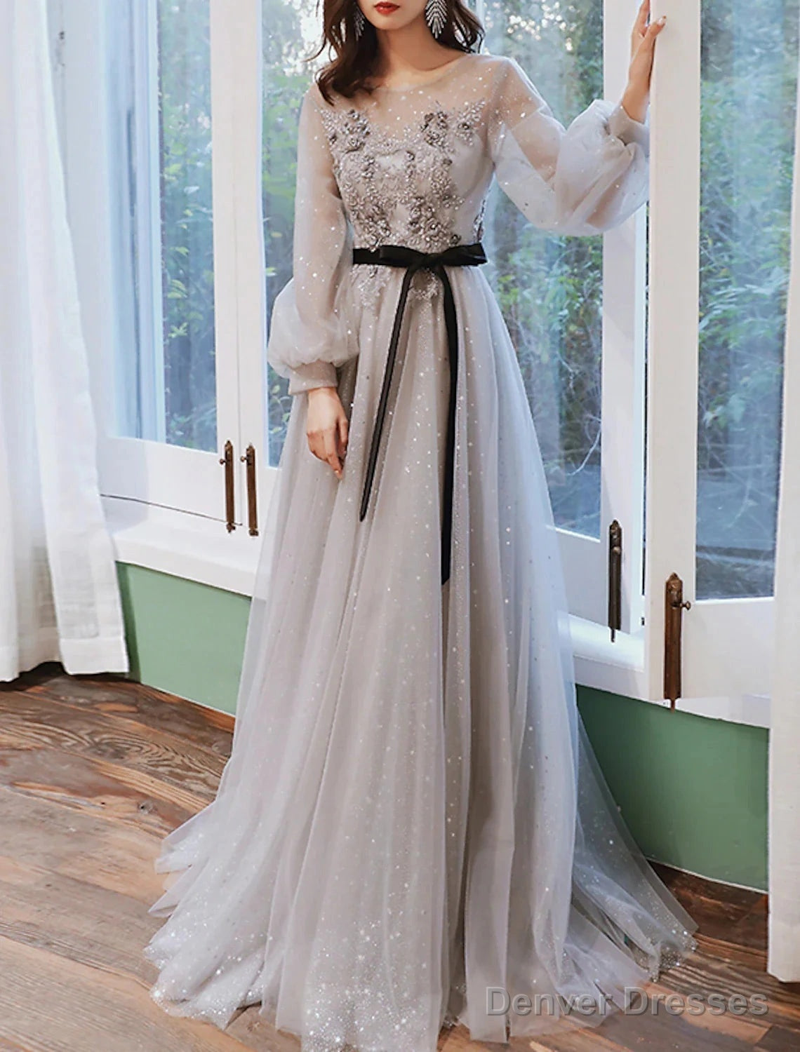 A-Line Prom Dresses Floral Dress Wedding Guest Engagement Sweep / Brush Train Long Sleeve Jewel Neck Tulle With Appliques Main image