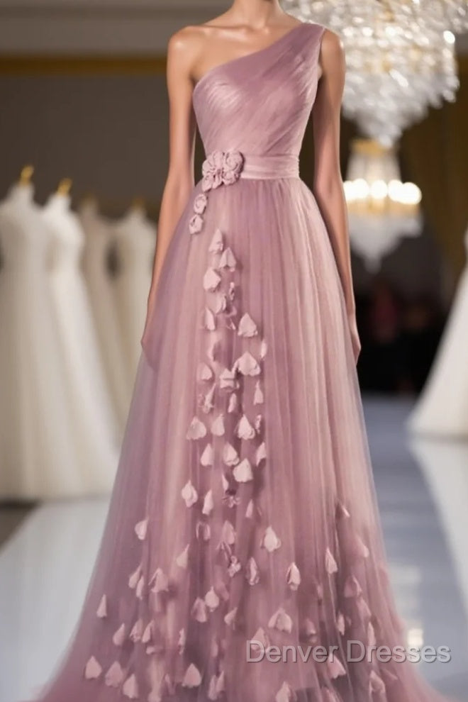 A-Line Prom Dress Floral Dress Wedding Guest Prom Floor Length Sleeveless One Shoulder Tulle With Appliques Main image