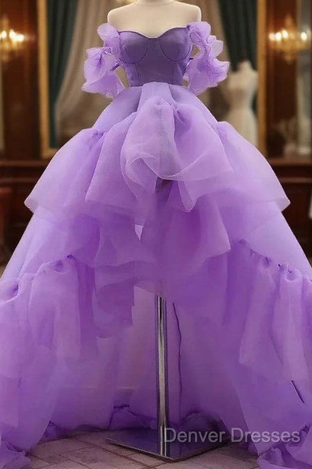 A-Line Prom Dress High Low Dress Quinceanera Asymmetrical Purple Short Sleeve Off Shoulder Tulle With Tier Main image