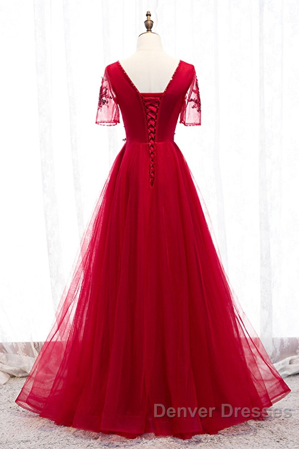 A-Line Prom Dress Luxurious Dress Wedding Guest Formal Evening Floor Length Short Sleeve Spaghetti Strap Tulle