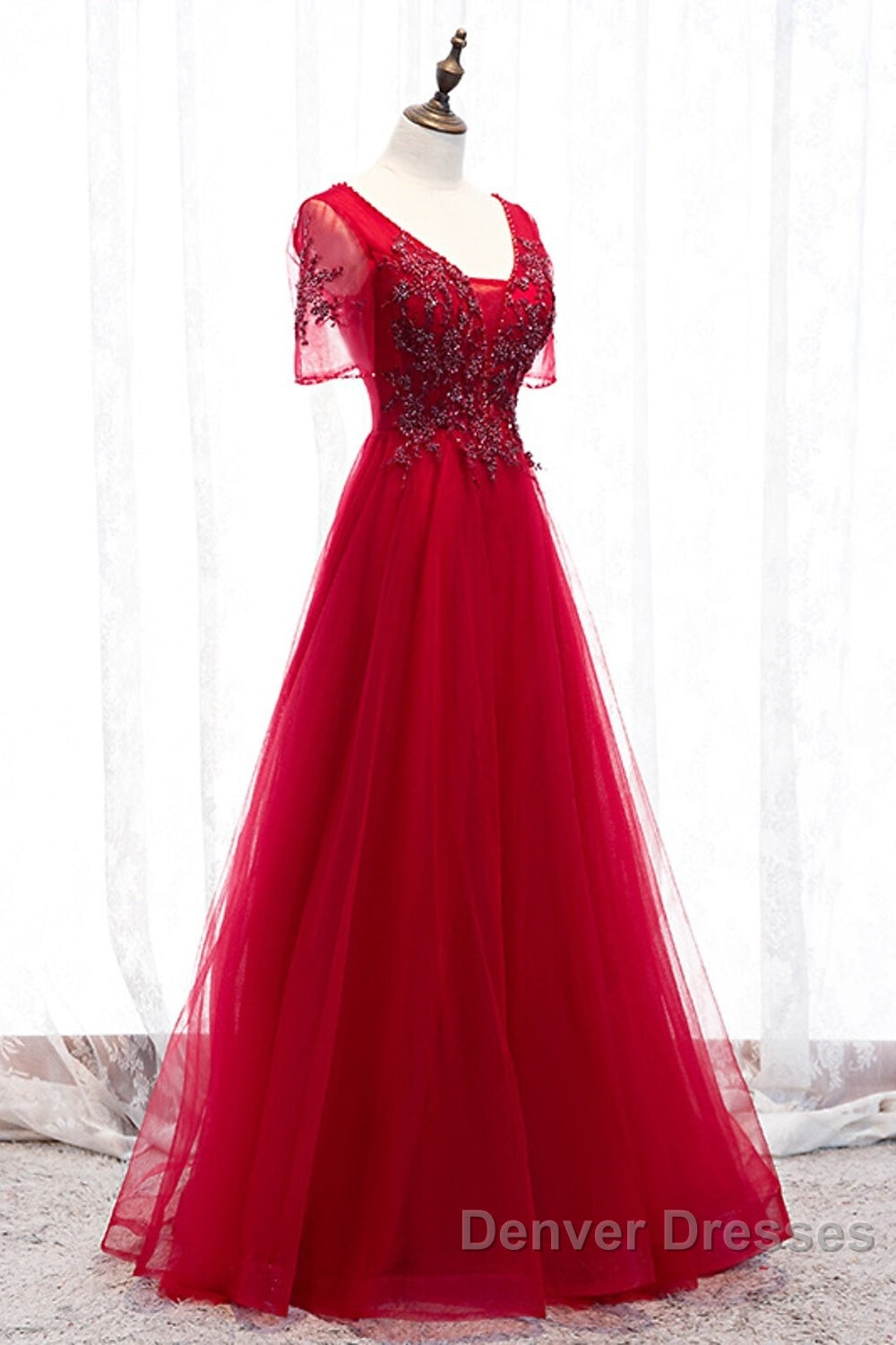 A-Line Prom Dress Luxurious Dress Wedding Guest Formal Evening Floor Length Short Sleeve Spaghetti Strap Tulle