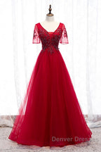 A-Line Prom Dress Luxurious Dress Wedding Guest Formal Evening Floor Length Short Sleeve Spaghetti Strap Tulle