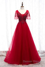 A-Line Prom Dress Luxurious Dress Wedding Guest Formal Evening Floor Length Short Sleeve Spaghetti Strap Tulle