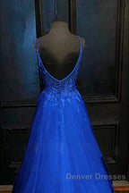 A-Line Prom Dress Open Back Dress Formal Prom Court Train Sleeveless V Neck Tulle Backless V Back With Beading Appliques