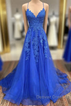 A-Line Prom Dress Open Back Dress Formal Prom Court Train Sleeveless V Neck Tulle Backless V Back With Beading Appliques