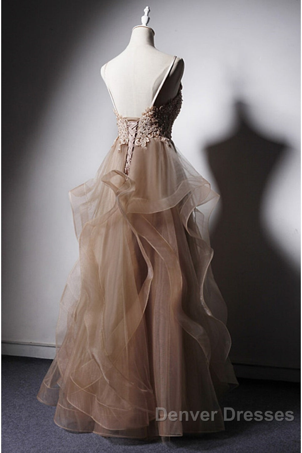 A-Line Prom Dress Open Back Dress Formal Wedding Party Floor Length Sleeveless Spaghetti Strap Lace With Ruffles Appliques Secondary image