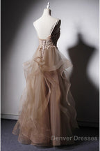 A-Line Prom Dress Open Back Dress Formal Wedding Party Floor Length Sleeveless Spaghetti Strap Lace With Ruffles Appliques