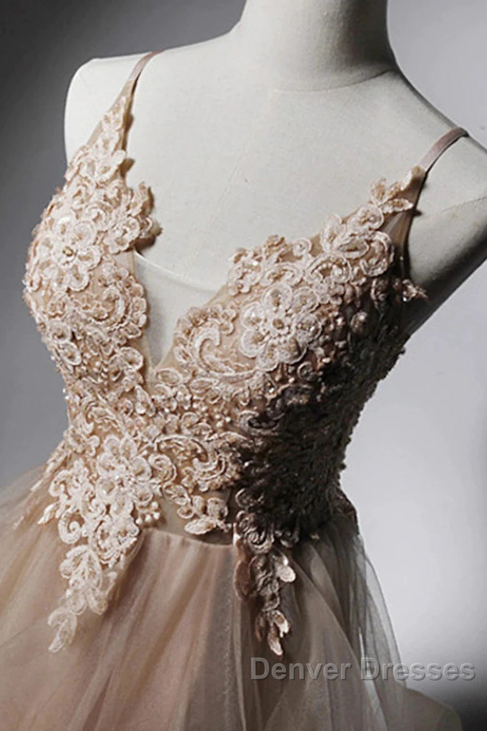 A-Line Prom Dress Open Back Dress Formal Wedding Party Floor Length Sleeveless Spaghetti Strap Lace With Ruffles Appliques