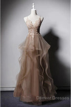 A-Line Prom Dress Open Back Dress Formal Wedding Party Floor Length Sleeveless Spaghetti Strap Lace With Ruffles Appliques