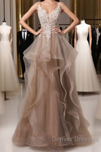 A-Line Prom Dress Open Back Dress Formal Wedding Party Floor Length Sleeveless Spaghetti Strap Lace With Ruffles Appliques