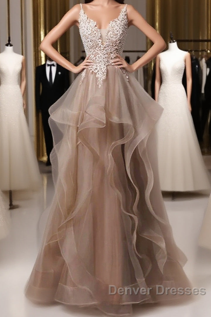 A-Line Prom Dress Open Back Dress Formal Wedding Party Floor Length Sleeveless Spaghetti Strap Lace With Ruffles Appliques