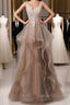 A-Line Prom Dress Open Back Dress Formal Wedding Party Floor Length Sleeveless Spaghetti Strap Lace With Ruffles Appliques