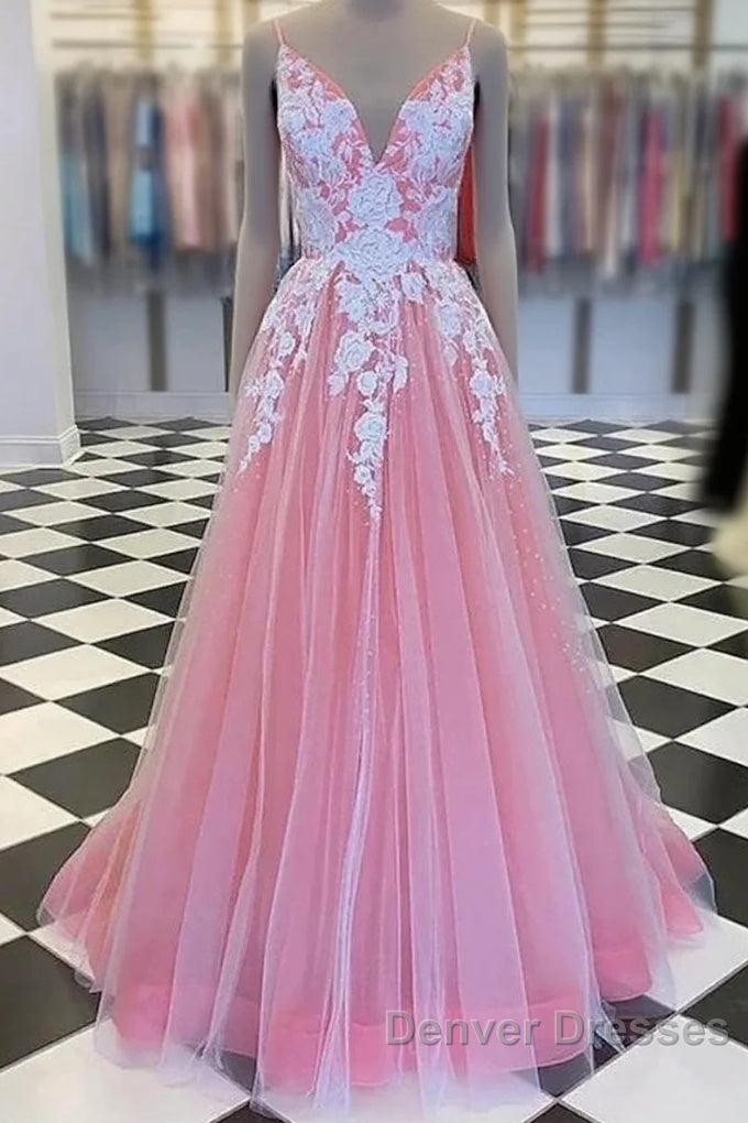 A-Line Prom Dress Princess Dress Formal Floor Length Sleeveless V Neck Tulle With Pleats Appliques