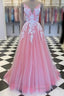 A-Line Prom Dress Princess Dress Formal Floor Length Sleeveless V Neck Tulle With Pleats Appliques