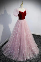 A-Line Prom Dress Princess Dress Prom Floor Length Short Sleeve Sweetheart Tulle With Sequin