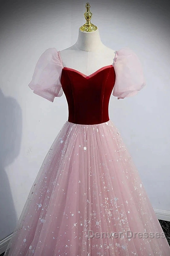 A-Line Prom Dress Princess Dress Prom Floor Length Short Sleeve Sweetheart Tulle With Sequin