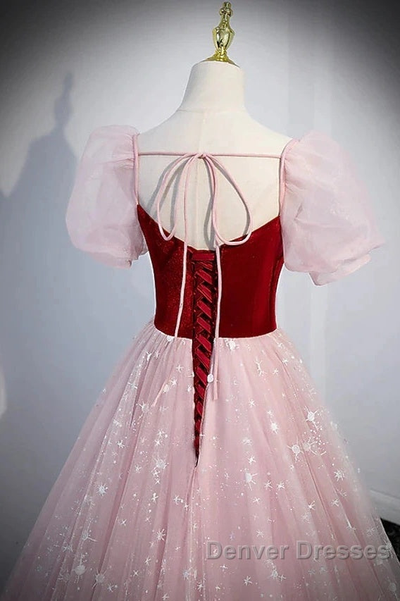 A-Line Prom Dress Princess Dress Prom Floor Length Short Sleeve Sweetheart Tulle With Sequin