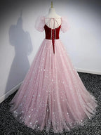 A-Line Prom Dress Princess Dress Prom Floor Length Short Sleeve Sweetheart Tulle With Sequin