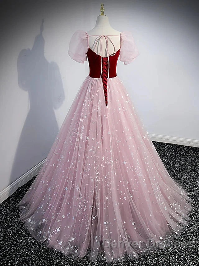 A-Line Prom Dress Princess Dress Prom Floor Length Short Sleeve Sweetheart Tulle With Sequin