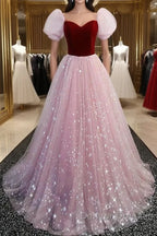 A-Line Prom Dress Princess Dress Prom Floor Length Short Sleeve Sweetheart Tulle With Sequin