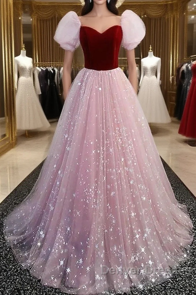 A-Line Prom Dress Princess Dress Prom Floor Length Short Sleeve Sweetheart Tulle With Sequin