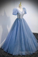 A-Line Prom Dress Puffy Dress Quinceanera Floor Length Short Sleeve V Neck Tulle With Sequin