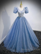 A-Line Prom Dress Puffy Dress Quinceanera Floor Length Short Sleeve V Neck Tulle With Sequin