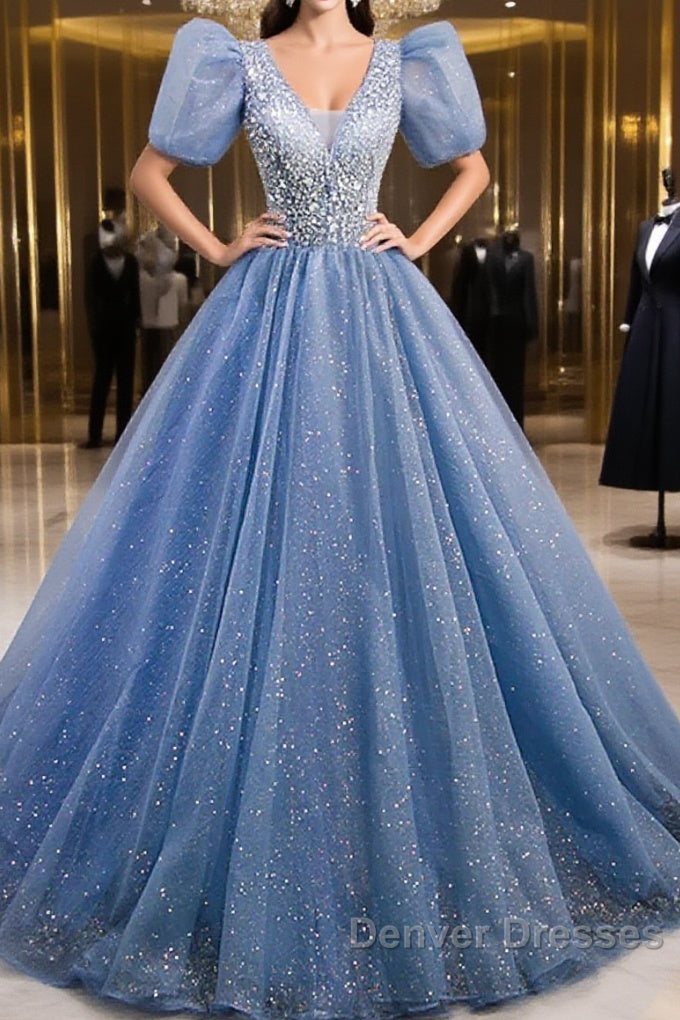 A-Line Prom Dress Puffy Dress Quinceanera Floor Length Short Sleeve V Neck Tulle With Sequin Main image