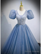 A-Line Prom Dresses Puffy Dress Wedding Guest Quinceanera Floor Length Short Sleeve V Neck Tulle With Sequin