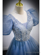 A-Line Prom Dresses Puffy Dress Wedding Guest Quinceanera Floor Length Short Sleeve V Neck Tulle With Sequin