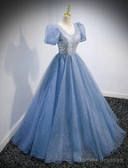 A-Line Prom Dresses Puffy Dress Wedding Guest Quinceanera Floor Length Short Sleeve V Neck Tulle With Sequin