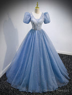 A-Line Prom Dresses Puffy Dress Wedding Guest Quinceanera Floor Length Short Sleeve V Neck Tulle With Sequin