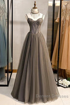 A-Line Prom Dress Sexy Dress Formal Floor Length Sleeveless Strap Tulle With Pleats Crystals